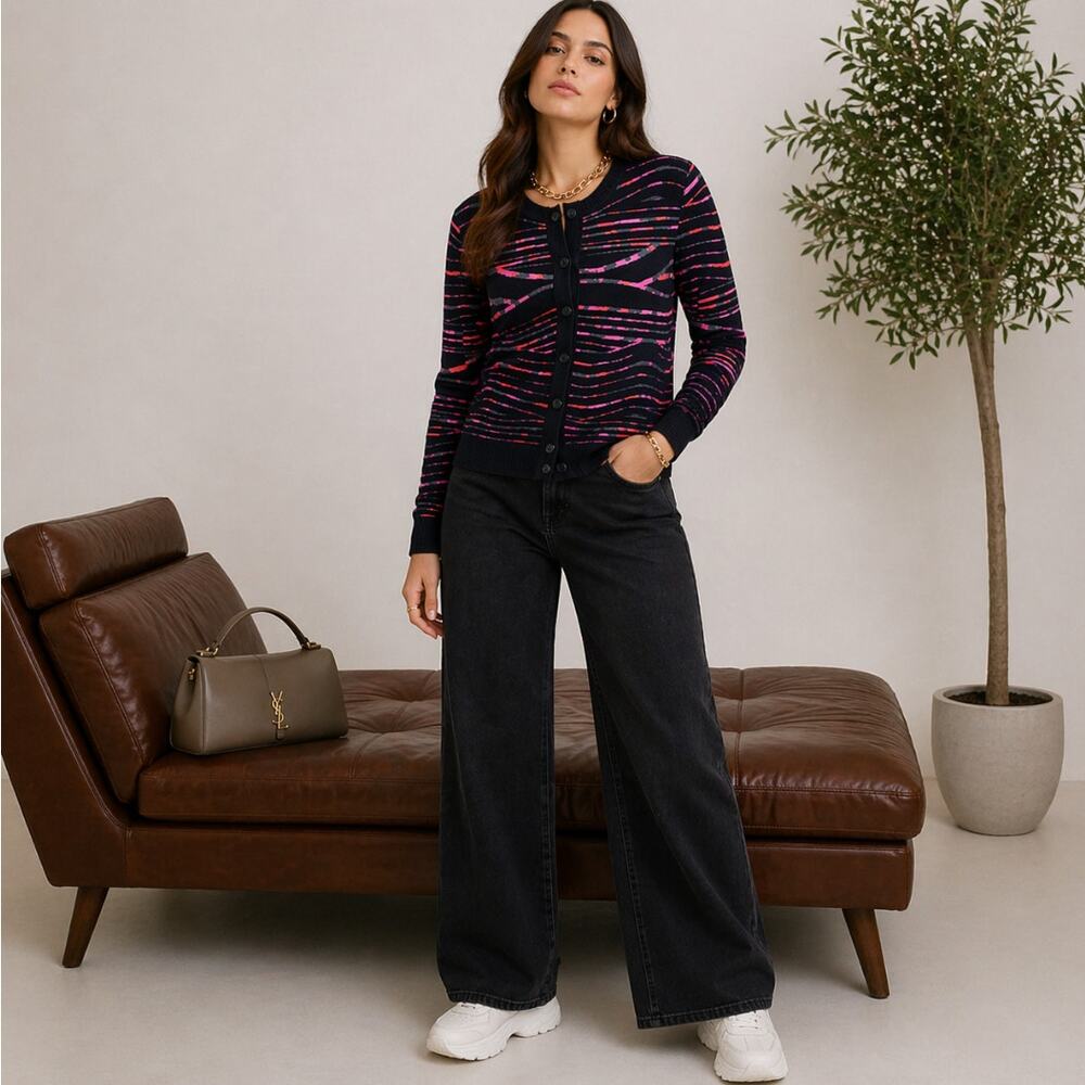 KENZO PARIS Black Wavy Stripe Cardigan Sweater Black Pink Sz XS $530 {V23}